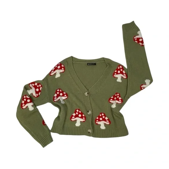Green Mushroom Patterned Cardigan Sweater - Picture 6 of 6